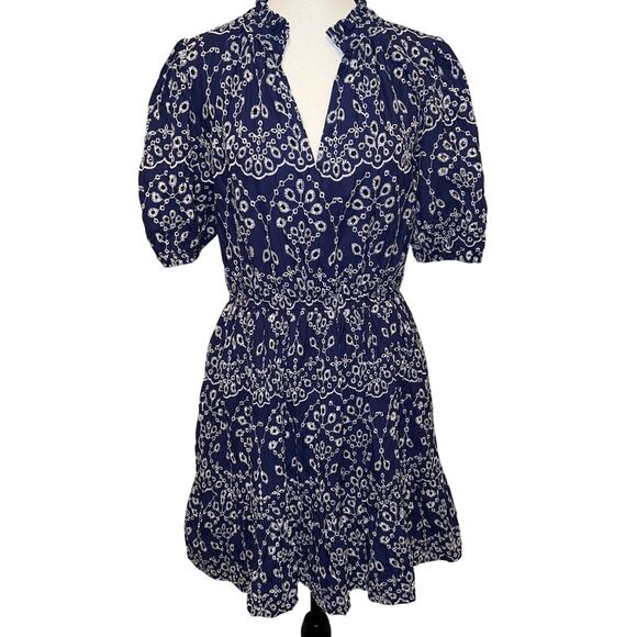 Sugarlips Rosie Eyelet Floral Split V-Neck Mini Dress Navy Blue-White Size M - Picture 2 of 13
